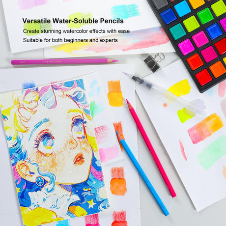 KALOUR 72-Color Professional Watercolor Pencils Set with Brush and Water Brush Pen, Hexagonal Shape, Blendable Wet or Dry, Water-Soluble Colored Pencils for Artists and Beginners KALOUR