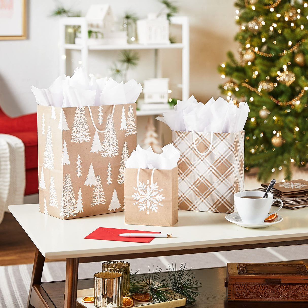 Hallmark Assorted Christmas Gift Bags, Recyclable Kraft Brown with Snowflake, Plaid and Trees (8 Bags: 3 Small 6", 3 Medium 9", 2 Large 13") for Holiday Parties, Hanukkah, Winter Weddings Hallmark