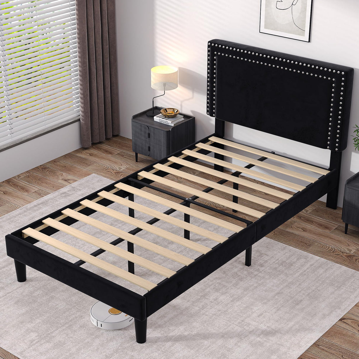 VECELO Twin Size Platform Bed Frame with Adjustable Upholstered Headboard, Modern Mattress Foundation, Strong Wood Slat Support, No Box Spring Needed, Easy Assembly VECELO