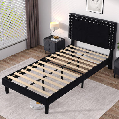 VECELO Twin Size Platform Bed Frame with Adjustable Upholstered Headboard, Modern Mattress Foundation, Strong Wood Slat Support, No Box Spring Needed, Easy Assembly