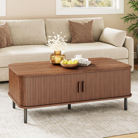 Coffee Table with Storage, 47.2" Mid Century Modern Coffee Tables for Living Room, Rectangle Wood Center Table with Sliding Tambour Door & Adjustable Leg for Living Room, Walnut ONBRILL
