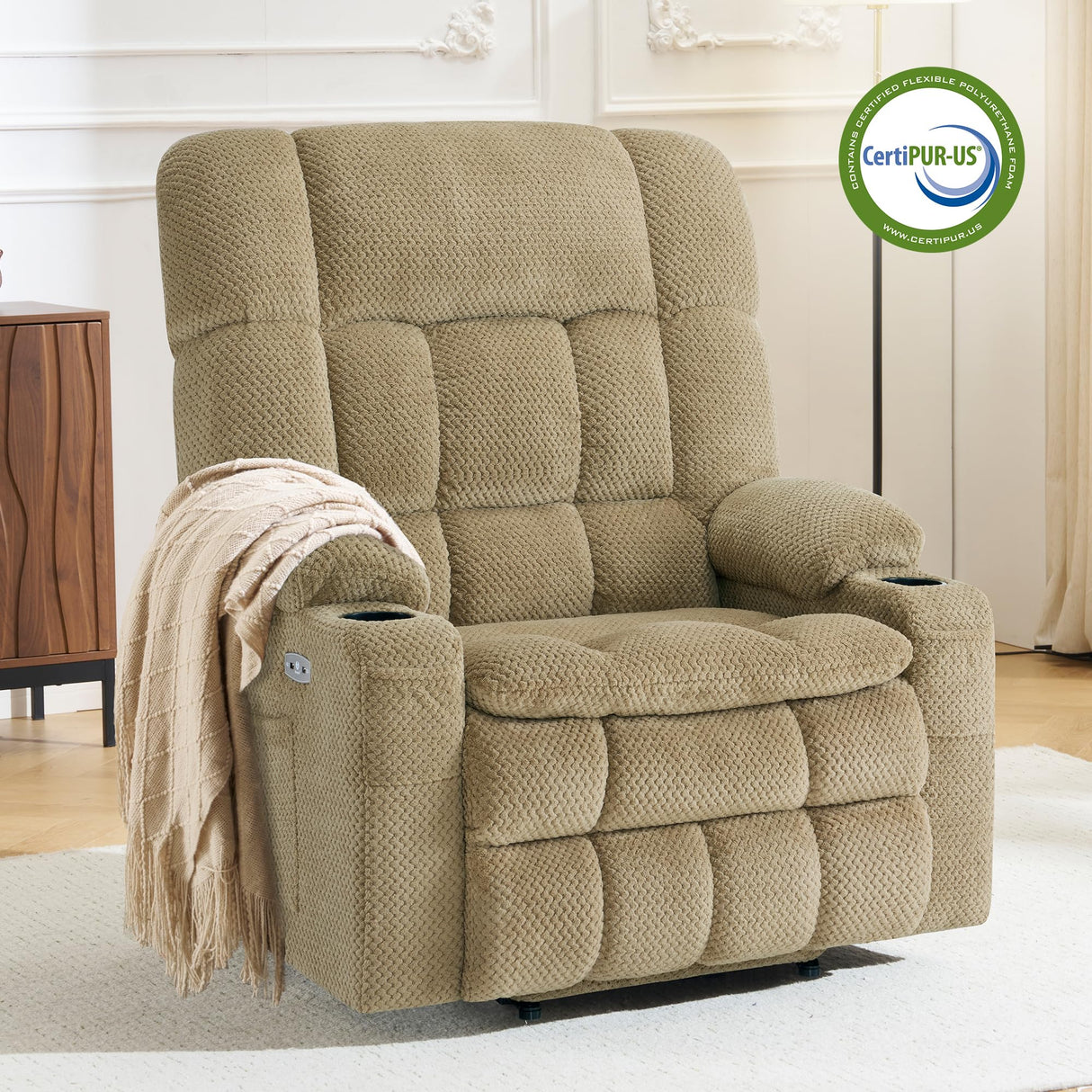 MCombo Oversized Power Lift Recliner Chair for Elderly, Dual Motor Lift Chair with Heat and Massage, Lay Flat Lift Chair for Big and Tall, Cup Holders, Fabric R7891 (Oversize, Beige) MCombo