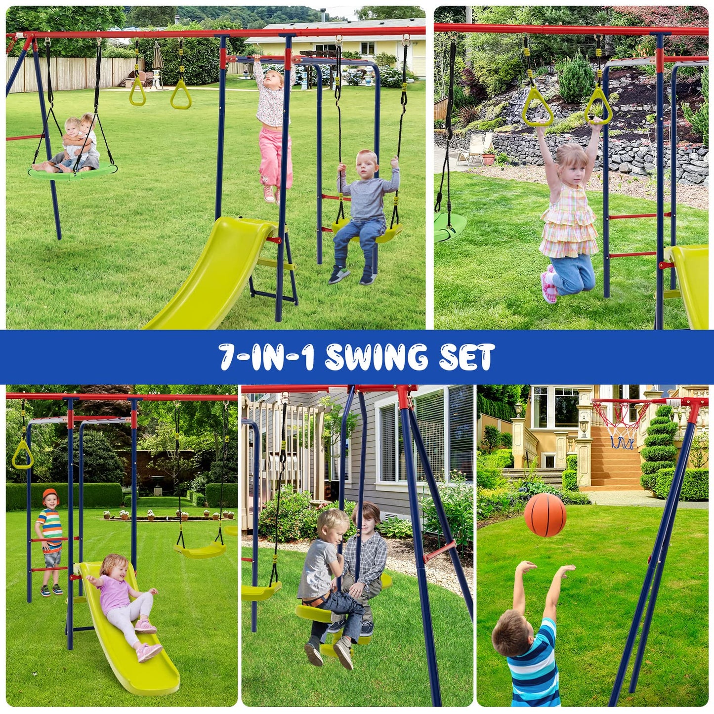 OLAKIDS Swing Sets for Backyard, 7 in 1 Outdoor 660LBS A-Frame Heavy Duty Metal Swing Stand with Monkey Bar for Kids, Playground Playset with Slide, 2 Swings, Glider, Trapeze Rings, Basketball Hoop