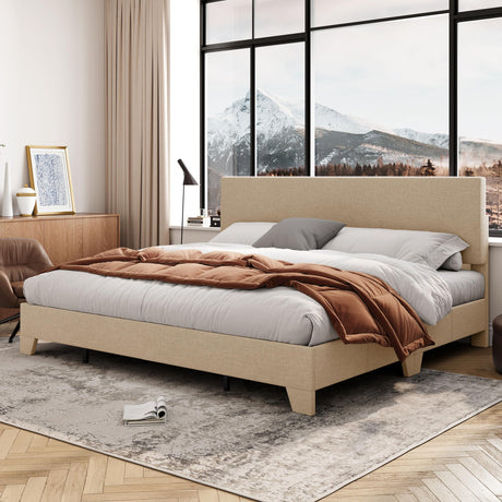 Allewie King Size Beige Upholstered Bed Frame with Adjustable Headboard and Sturdy Wood Slats Allewie
