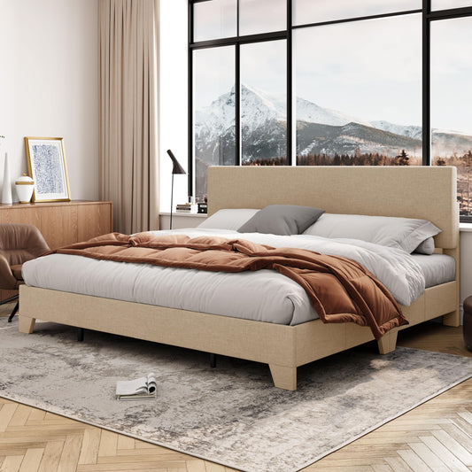 Allewie King Size Beige Upholstered Bed Frame with Adjustable Headboard and Sturdy Wood Slats - WoodArtSupply