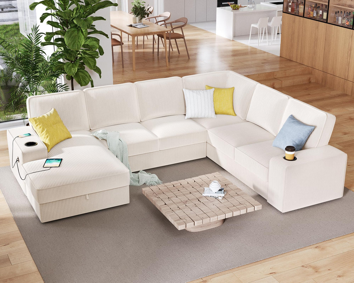 PaPaJet U Shaped Couch, 112 Inch Oversized Couch with Storage Chaise, Sectional Sofa with Cup Holders & 2 USB Ports, Corduroy Beige Sofa PaPaJet
