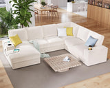 PaPaJet U Shaped Couch, 112 Inch Oversized Couch with Storage Chaise, Sectional Sofa with Cup Holders & 2 USB Ports, Corduroy Beige Sofa PaPaJet