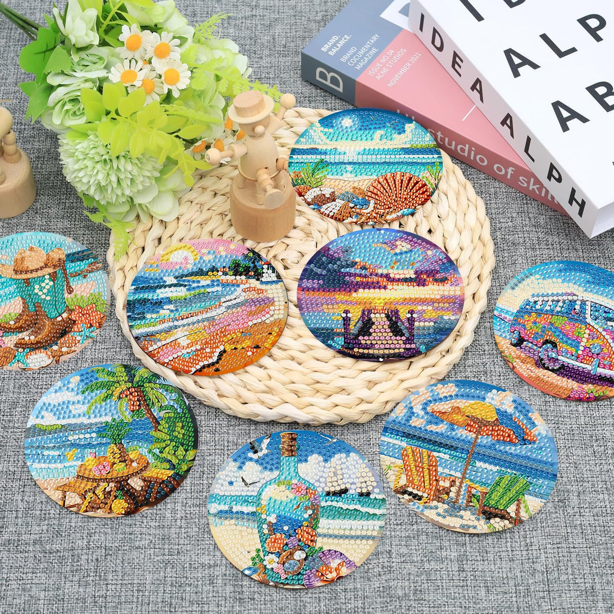 Ekuxom 8 pcs Beach Diamond Art Coasters Kits with Holder, DIY Ocean Diamond Painting Coasters, Non Slip Coaster Crafts Kits for Adults Beginners Gifts Ekuxom
