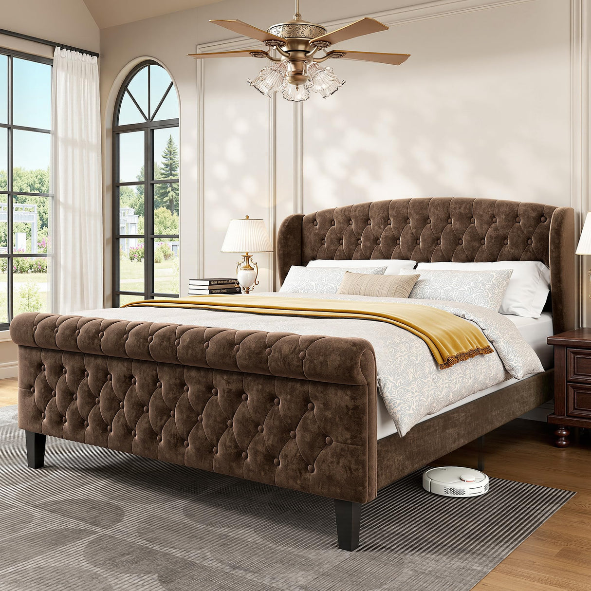 BedsPick Sleigh Queen Bed Frame with Wingback Headboard, Chenille Upholstered Bed Frame Queen Size with Button Tufted Scroll Footboard, Wood Slats Support/No Noise/Easy Assembly/No Box Spring Needed BedsPick