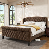 BedsPick Sleigh Queen Bed Frame with Wingback Headboard, Chenille Upholstered Bed Frame Queen Size with Button Tufted Scroll Footboard, Wood Slats Support/No Noise/Easy Assembly/No Box Spring Needed BedsPick