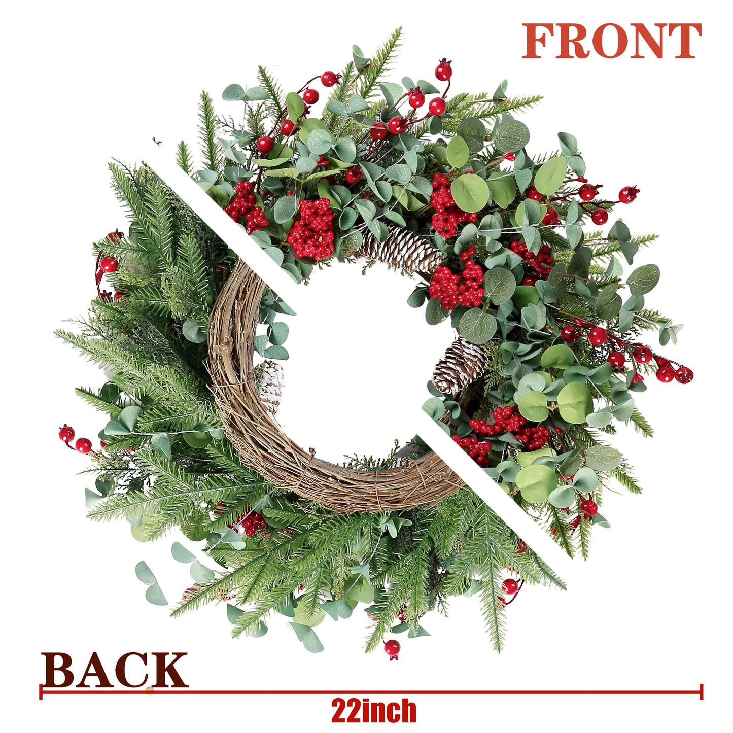 Sggvecsy 22 Inch Artificial Christmas Wreath for Front Door Xmas Red Berry Wreath with Pine Needles Pine Cones Eucalyptus Leaves Christmas Decorations for Winter Wall Outdoor Home Holiday Xmas Decor