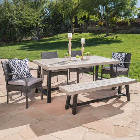 Christopher Knight Home Louise Outdoor Wicker Dining Set with Acacia Wood Table and Bench and Water Resistant Cushions, 6-Pcs Set, Sandblast Light Grey / Black Rustic Metal / Grey / Grey Cushions Christopher Knight Home