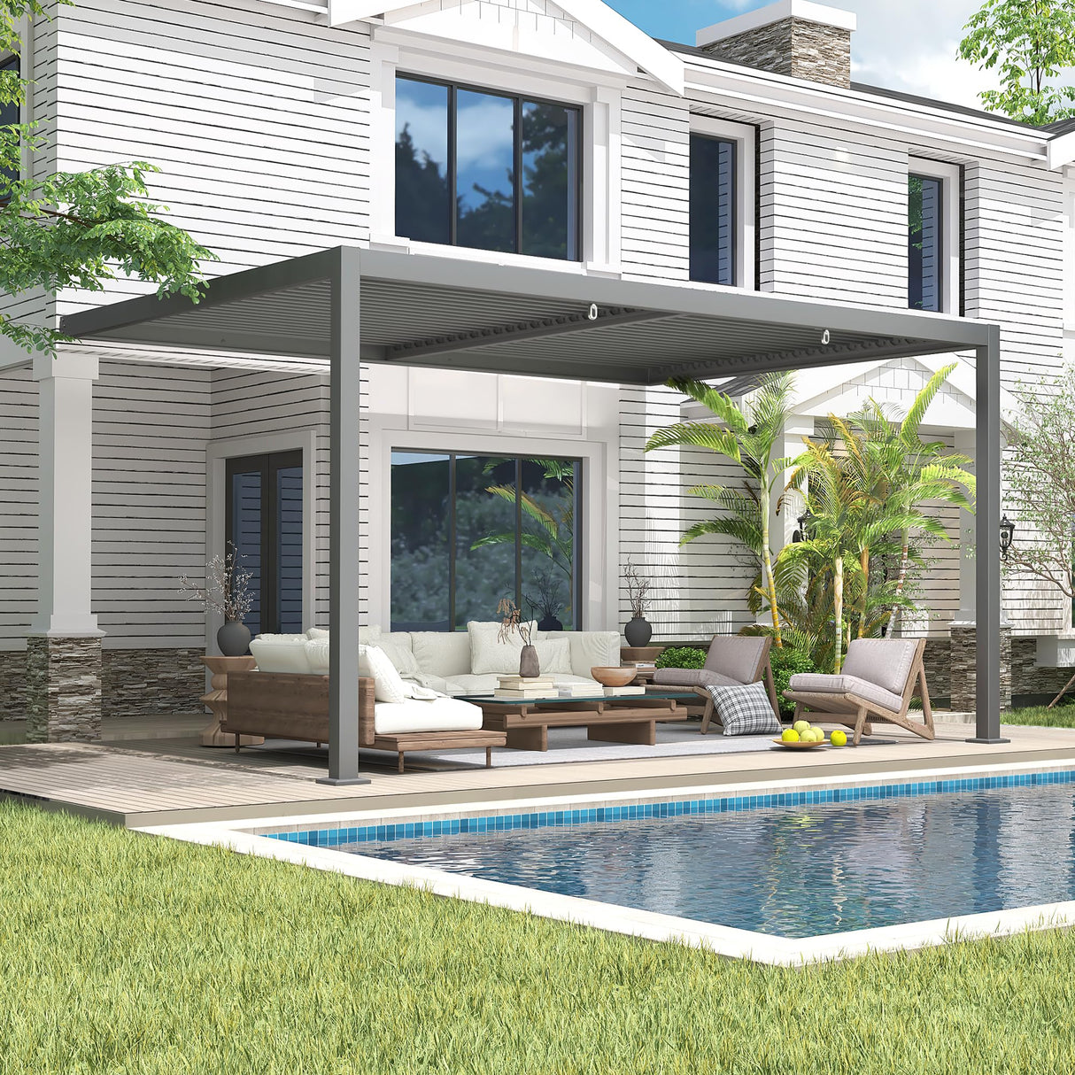 YOLENY Louvered Pergola 10x13, Wall-Mounted Aluminum Pergola with Adjustable Waterproof Roof, Outdoor Hard Top Lean-to Pergola for Backyard, Garden, Lawn, Dark Grey YOLENY