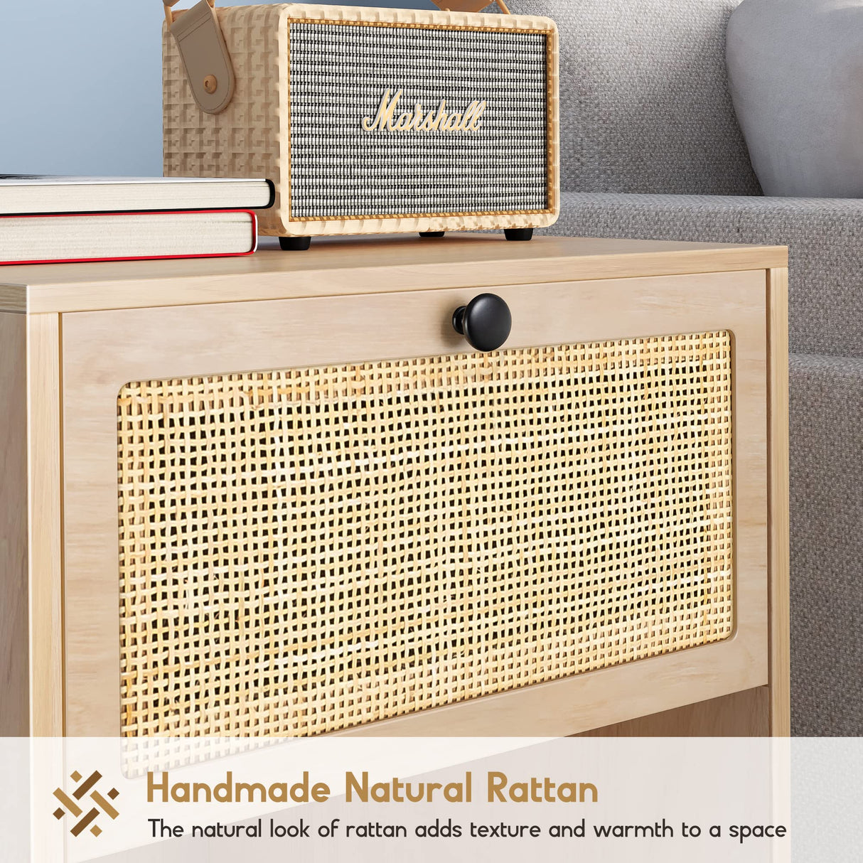XIAO WEI Rattan Nightstand Set of 2 with Handmade Natural Rattan Drawer, Bedside Table Set of 2, Accent End Table, Boho Night Stand for Bedroom, Living Room, Metal Legs Small XIAO WEI