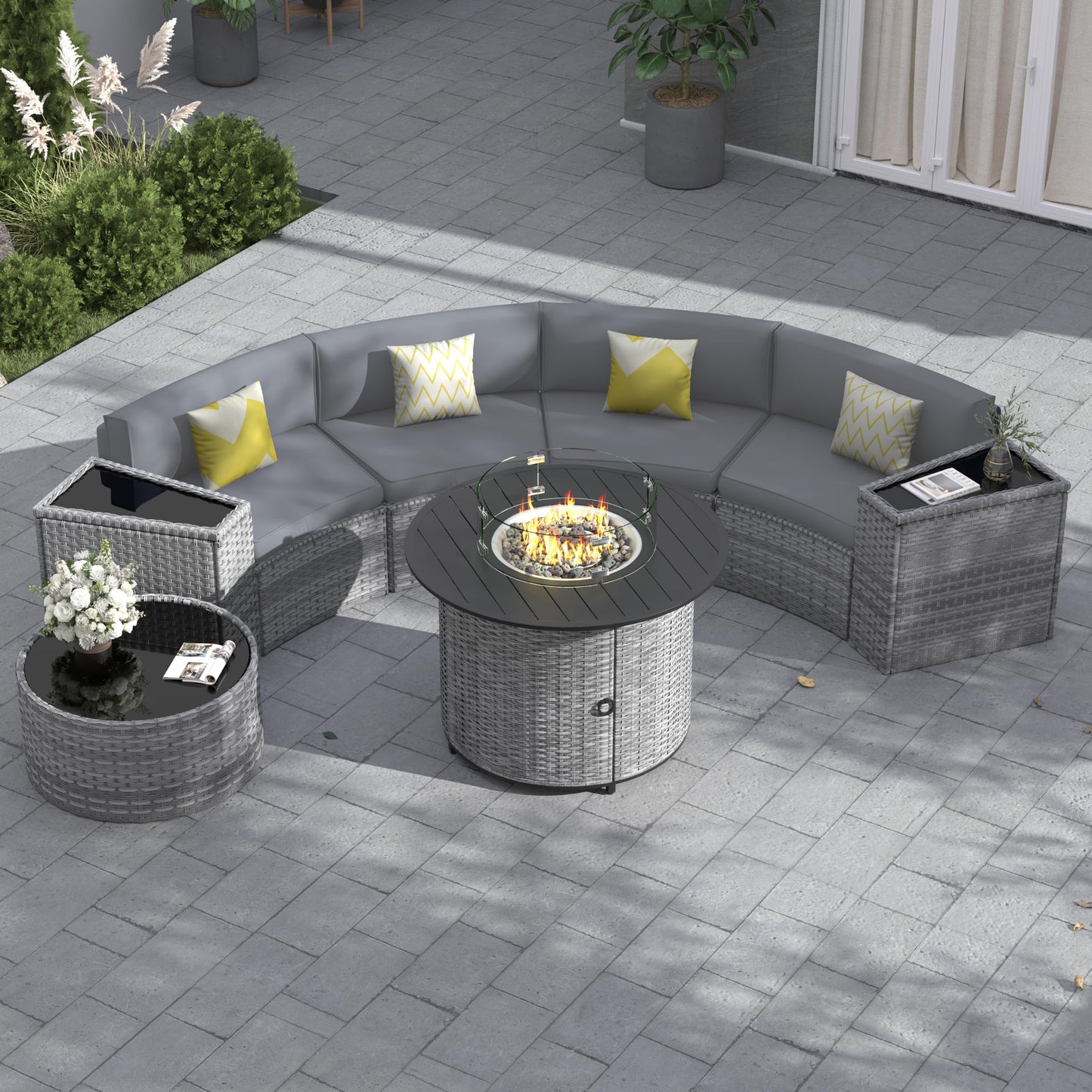 Amopatio Patio Furniture Set with Fire Pit Table, 8 Pieces Curved Patio Sectional Couch with Storage Armrest Table and 4 Pillows, Round Fire Pit Conversation Sets with Waterproof Covers (Grey - WoodArtSupply