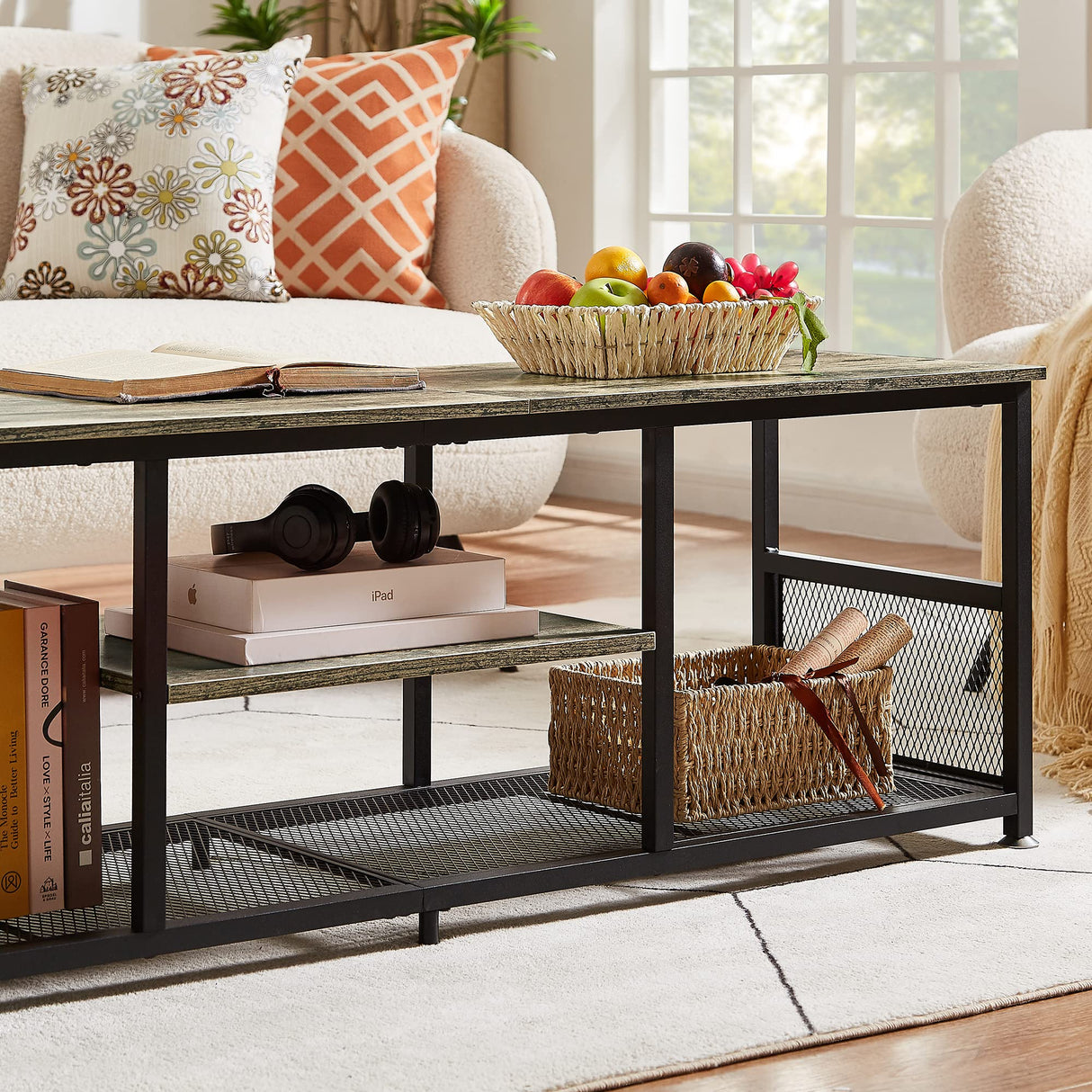 VECELO Industrial TV Stand for Televisions up to 65 Inch, 55" Entertainment Center with Open Storage Shelves for Living Room/Bedroom, 3 Tiers Media Console Table with Metal Frame, Grey, 55 Inches VECELO