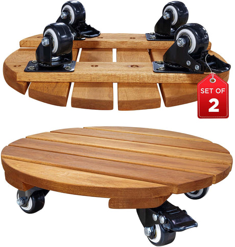 Idzo 2pack Wood Plant Caddy With Wheels Heavy Duty, 264 Lbs Capacity, 12 Inch Acacia Hardwood Plant Dolly, Plant Stand with 360° Lockable Wheels, Plant Caster for Heavy Objects Hauling - Natural Wood IDZO
