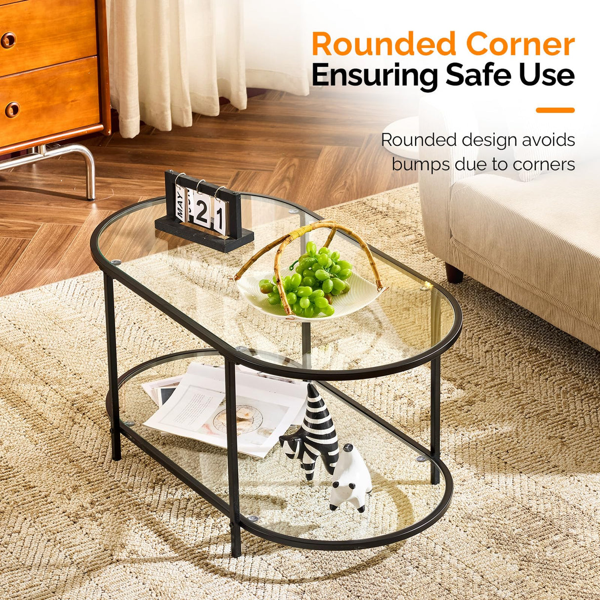 VINGLI Glass Coffee Table, 38" Oval Coffe Table for Home Decor, Modern Tea Table with 2-Tier Storage, Skinny Coffee Tables for Living Room, Office, Small Space, Black VINGLI