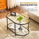 VINGLI Glass Coffee Table, 38" Oval Coffe Table for Home Decor, Modern Tea Table with 2-Tier Storage, Skinny Coffee Tables for Living Room, Office, Small Space, Black VINGLI