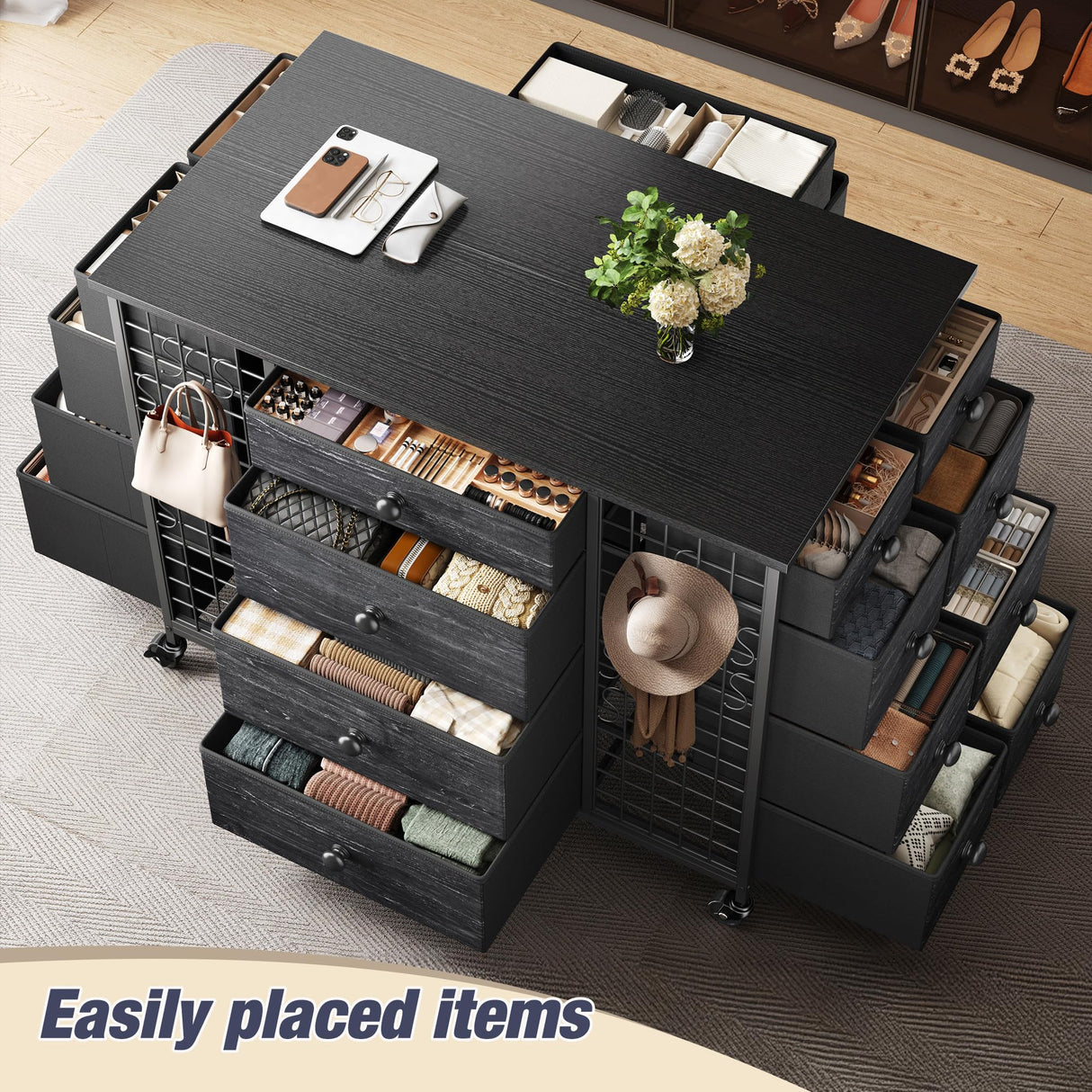 EnHomee 24 Drawers Black Dresser for Bedroom, Dressers & Chests of Drawers with 4 Wheels and 40“ * 23” Wide Wooden Top, Metal Frame, Organizer Island with Hooks for Bedroom, Cloakroom, Dressing Room EnHomee
