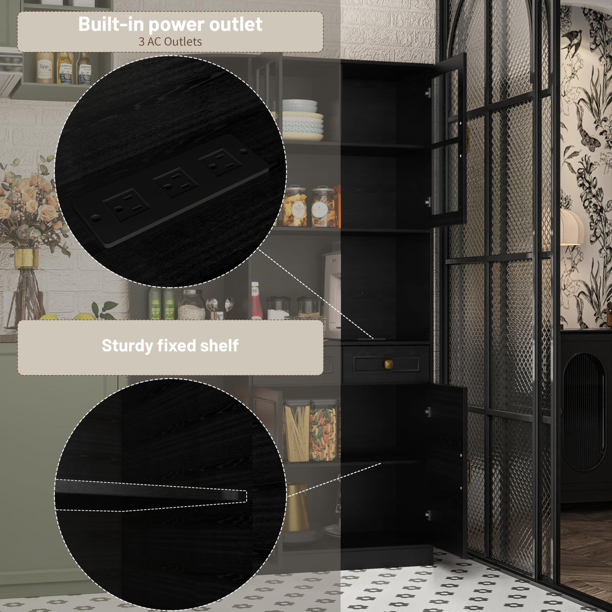 Fatmok Kitchen Pantry Cabinet with Charging Station, 71" Tall Modern Farmhouse Wood Kitchen Cabinet with a Large Drawer & Shelves, Freestanding Kitchen Hutch Cabinet with Microwave Stand, Cupboard Fatmok