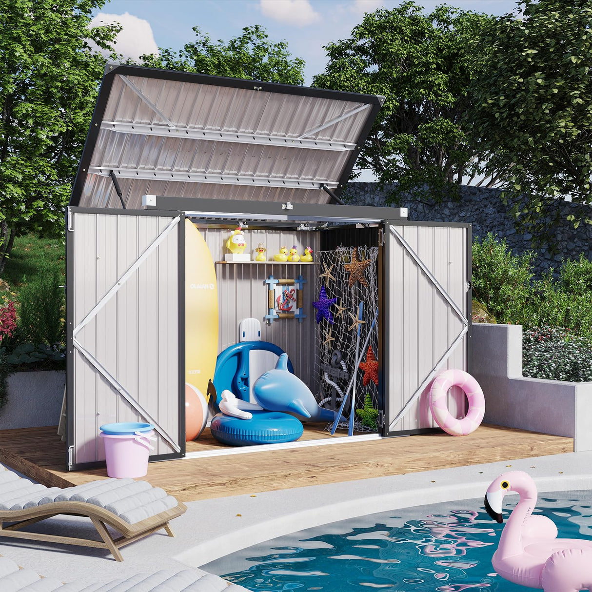 Jolydale 79 Cu. Ft Premium Storage Shed 3.3 x 5.6 FT Outside Metal Trash Shed Waterproof Outside Storage with Lid Chain Storage Trash Can Weeding Tools, for Garden, Backyard, Patio (Black) Jolydale