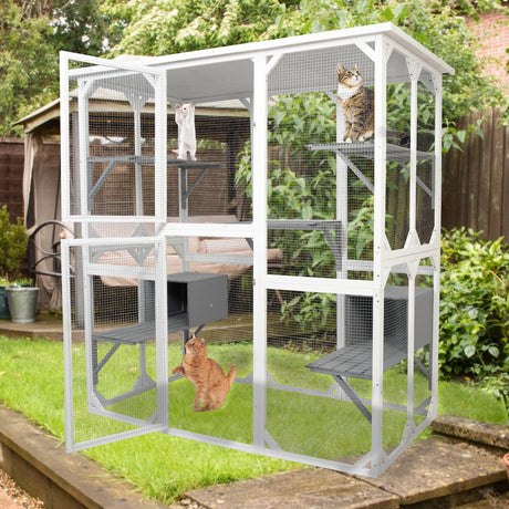 Catio Outdoor Wooden Cat Enclosure, 71" Outdoor Cat House Weatherproof Asphalt Roof, Large Solid Wood Cat Cage with 5 Jumping Platforms & 2 Napping Houses, Walk-in Cat Kennel Condo Shelter White ShiningLove