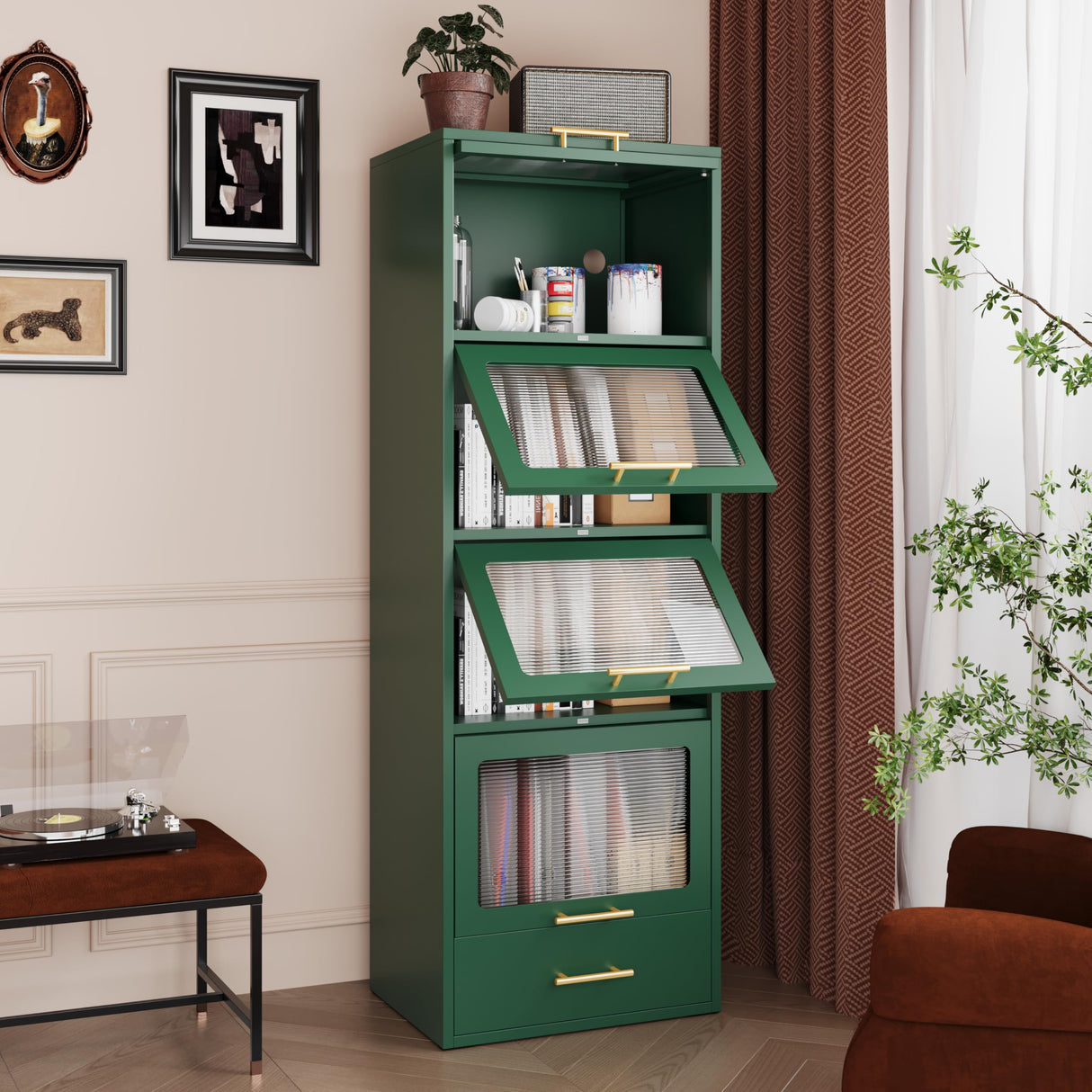 GAIOUS 5-Tier Kitchen Pantry Cabinet, Display Storage Cabinet with 4 Flip-up Acrylic Glass Doors and 1 Drawer, Green Freestanding Bakers Rack to Storage Small Microwave Spice Seasoning Bowl Cup Books GAIOUS