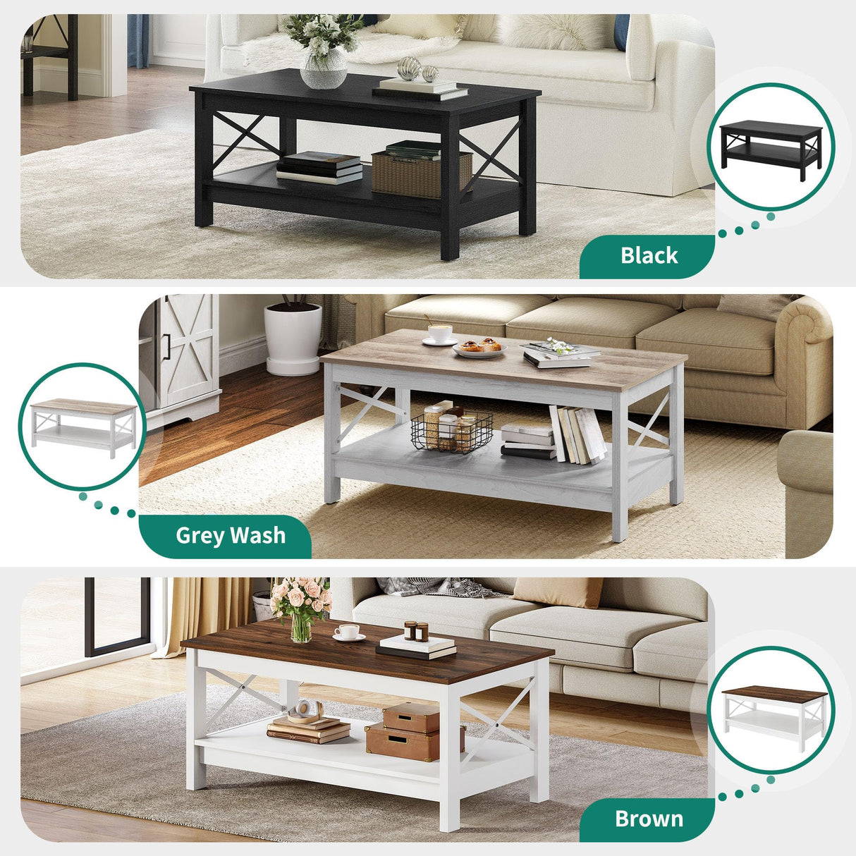 YITAHOME Coffee Tables for Living Room, Modern Farmhouse Coffee Table with Storage, 2-Tier Center Table Wood Living Room Table Accent Cocktail with Sturdy Frame, Grey Wash YITAHOME