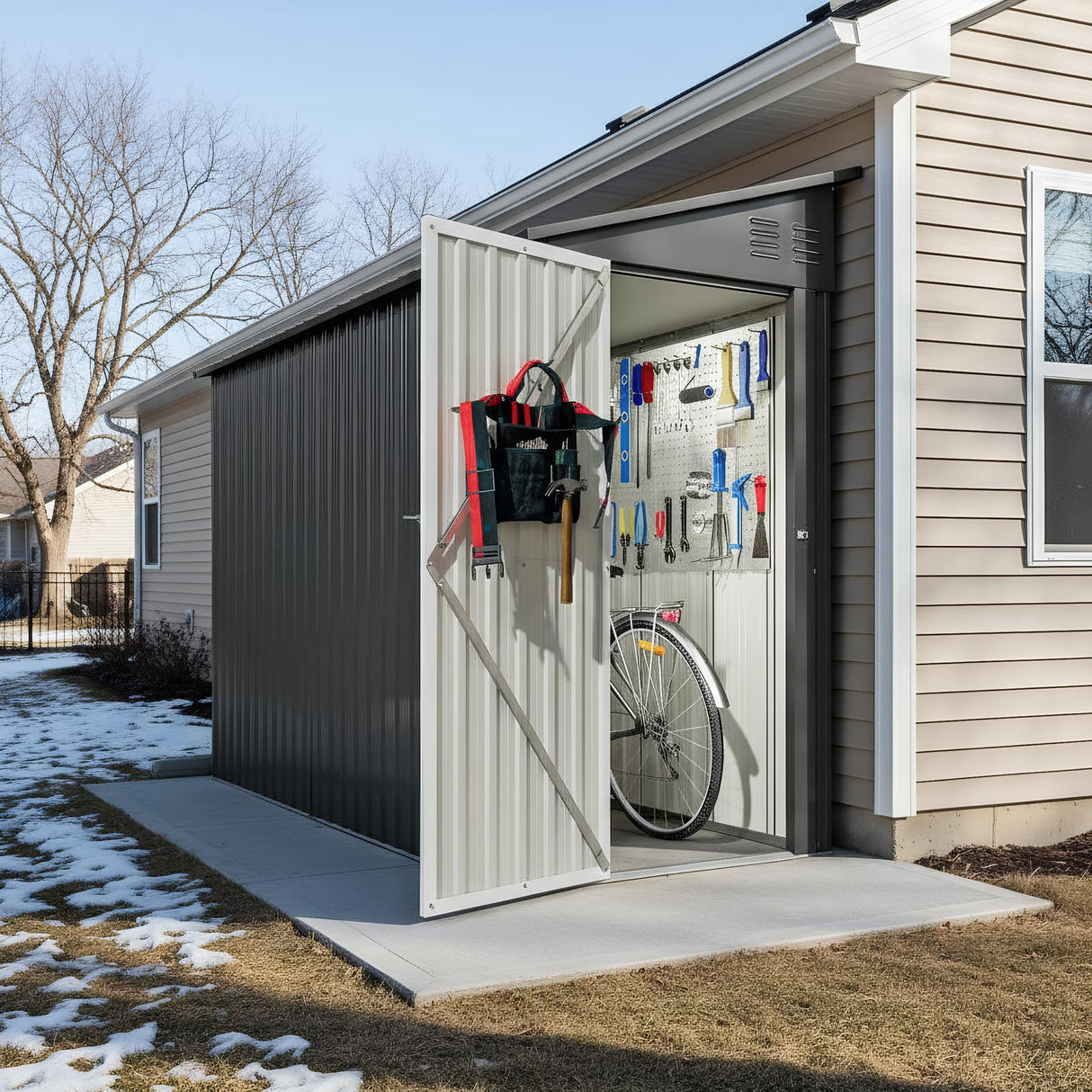 Anranni 4×8 Ft Lean to Shed with Floor, Metal Outdoor Storage Shed, 0.25mm Galvanized Steel Metal Garden Shed Waterproof with Lockable Door for Backyard, Patio, Garden, Black Anranni