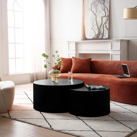 31.5" Round Wood Coffee Table Set of 2, Wood Circle Embossed Design Coffee Table Coffee Table ＆ End Table Side Table for Living Room,No Need Assembly (Black) JASONBLUE