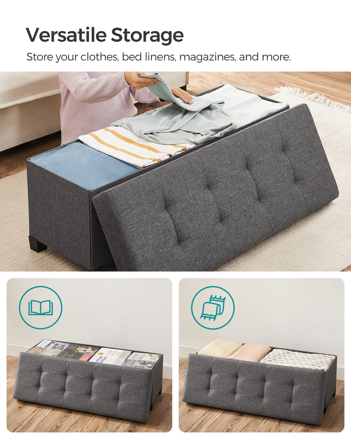 SONGMICS Storage Ottoman Bench, Foldable Foot Rest with Legs, 15 x 43 x 15.7 Inches, End of Bed Bench, Storage Chest, Load up to 660 lb, for Living Room, Bedroom, Entryway, Slate Gray ULSF018G01 SONGMICS