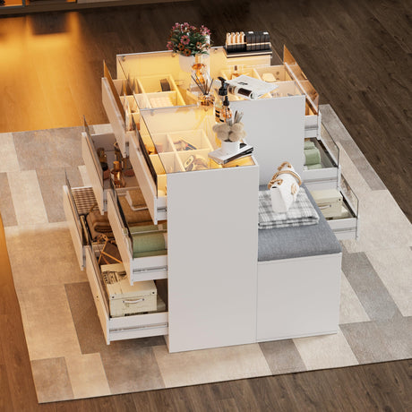 PakaLife Armoire Wardrobe Closet Island with 9 Drawers,Led Lights,Glass Tabletop,Bedroom Island with Jewelry Organizer,Storage Bench with Cushion,Island Dresser with Display Shelf for Fitting Room PakaLife