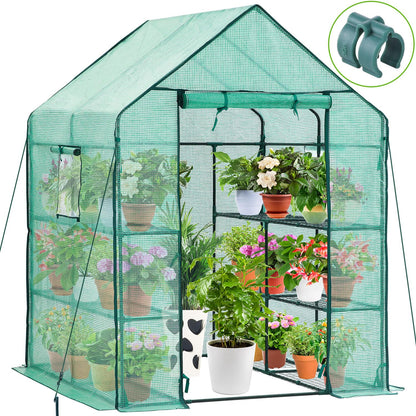 Greenhouse for Outdoors with Screen Windows, Ohuhu Walk in Plant Greenhouses Heavy Duty with Durable PE Cover, 3 Tiers 12 Shelves Stands 4.8x4.8x6.3 FT Plastic Portable Green House with Shelf - WoodArtSupply