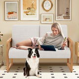 Alunaune Modern Loveseat Bench Couch with Natural Rattan Arm, Upholstered Linen Small Love Seat Sofa 2-Seats Living Room Couch Settee, Comfy Lounge Recliner Chair-Ivory Alunaune