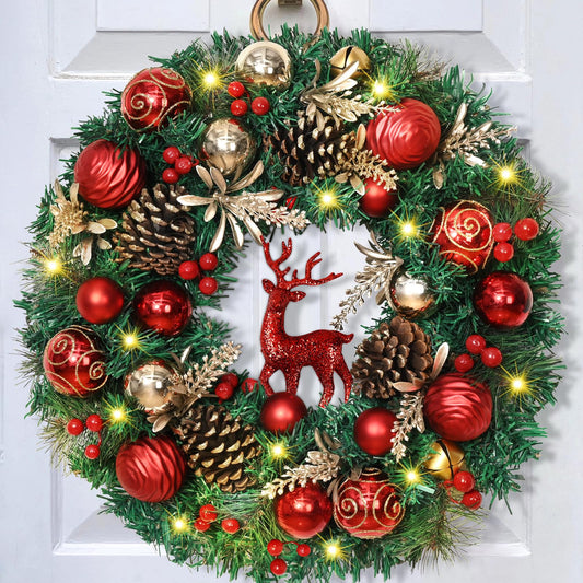 Christmas Wreath - 16'' Christmas Wreaths for Front Door with Lights Red Christmas Reindeer Balls Berries Pine Cones Pine Needles Door Wreath for Home Wall Window Porch Indoor Outdoor Decor