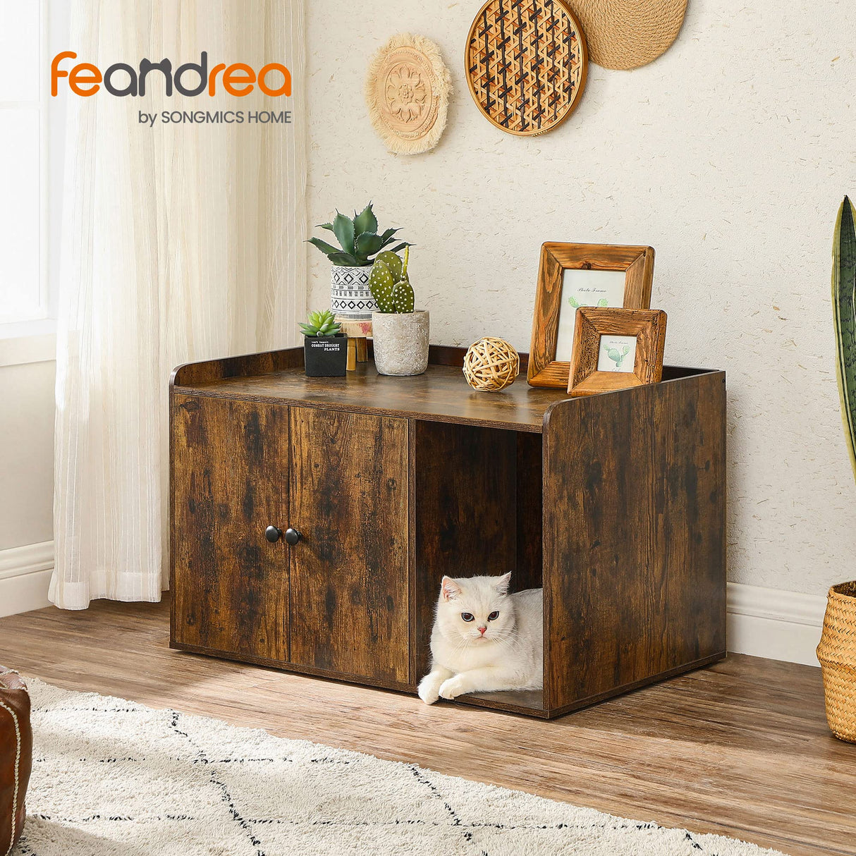 FEANDREA Litter Box Enclosure, Cat Litter Box Furniture Hidden, with Front Entry, Modern Cat House for Indoor Cat, Kitty, Side End Table, 32.4 x 20.9 x 19.7 Inches, Rustic Brown UPCL001X01 Feandrea