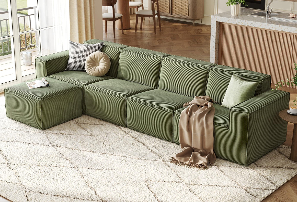 LINSY HOME Modular Sectional Sofa, 134" Boneless Couch L Shaped 4-Seat Sofa with Movable Ottoman, Corduroy Sectional Cloud Couches for Living Room, No Assembly Required, Green LINSY HOME