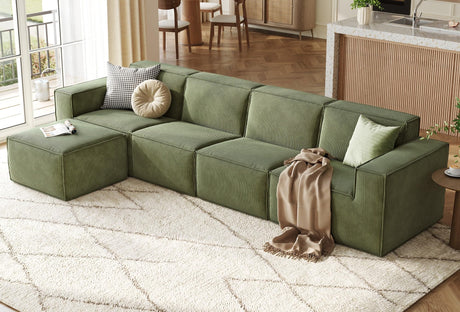 LINSY HOME Modular Sectional Sofa, 134" Boneless Couch L Shaped 4-Seat Sofa with Movable Ottoman, Corduroy Sectional Cloud Couches for Living Room, No Assembly Required, Green LINSY HOME