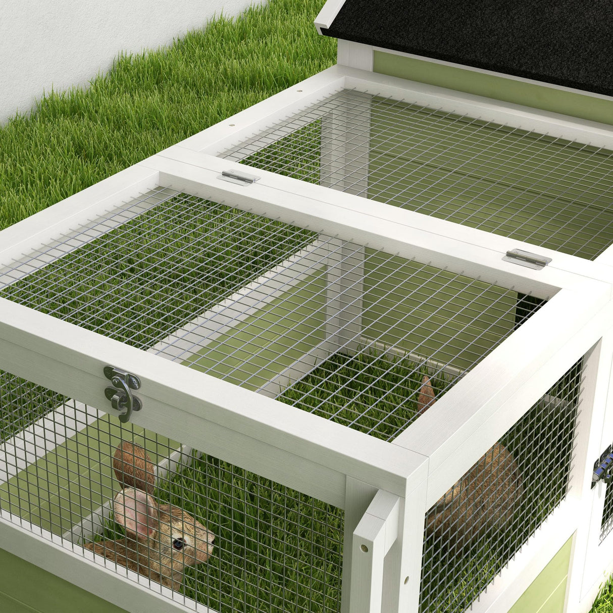 PawHut Rabbit Hutch, Outdoor Rabbit Cage or Guinea Pig Cage with Asphalt Roof, Handle, Wheels, 64 Inch Wooden Bunny Cage for Small Animals, Multicolor PawHut