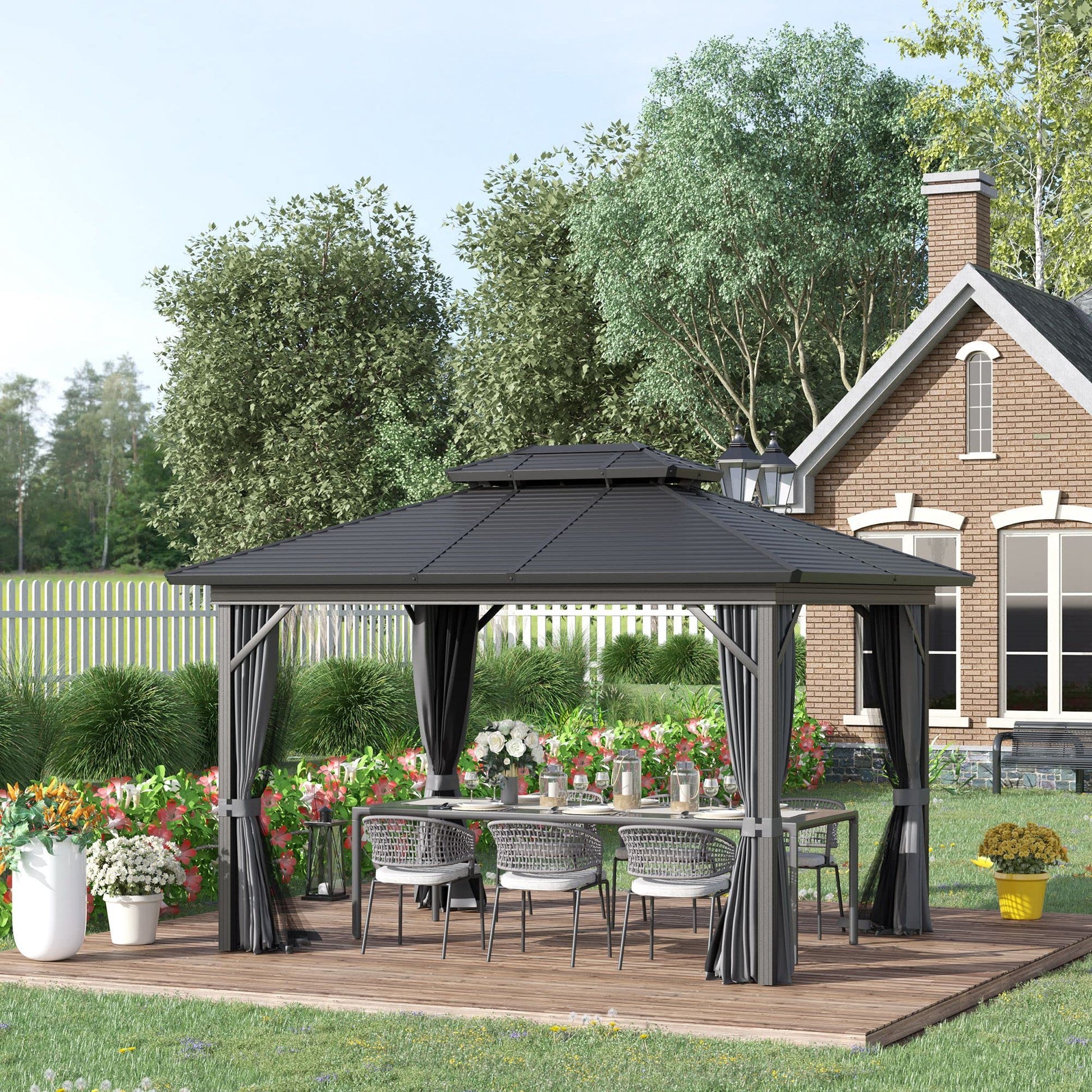 Outsunny 10' x 12' Hardtop Gazebo with Curtains and Netting, Permanent Pavilion Metal Double Roof Gazebo Canopy with Aluminum Frame and Hooks, for Garden, Patio, Backyard, Gray - WoodArtSupply