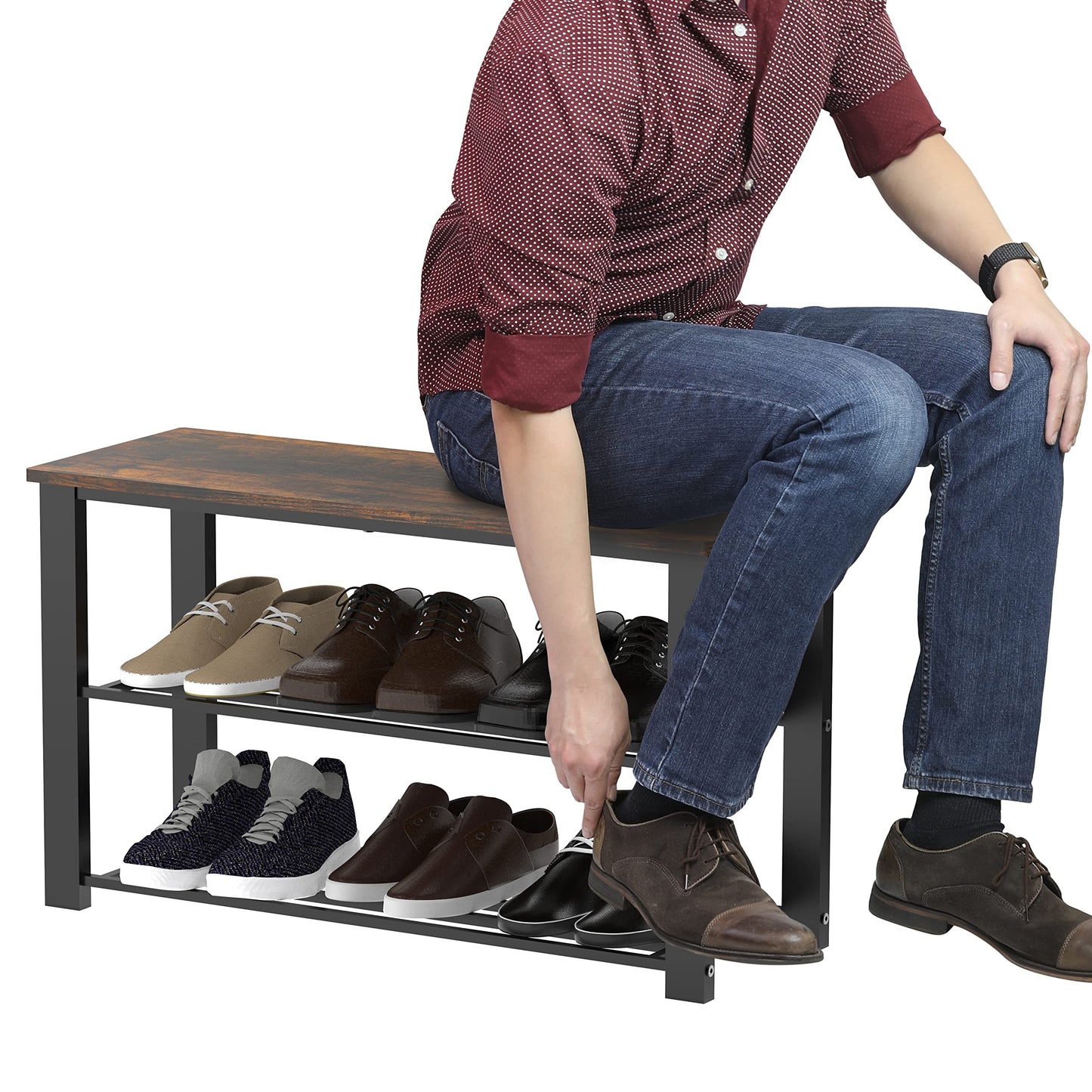 Simple Houseware Wood Top Shoe Storage Bench for Entryway, Rustic Brown - WoodArtSupply