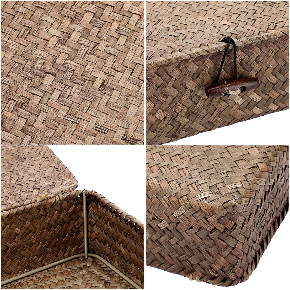 Hipiwe Flat Wicker Basket Bins with Lid - Set of 3 Handwoven Seagrass Storage Basket Shelf Baskets Boxes Multipurpose Home Organizer Bins Boxes for Shelf Pantry Closet,Large Size 14.8"x13" Coffee Hipiwe