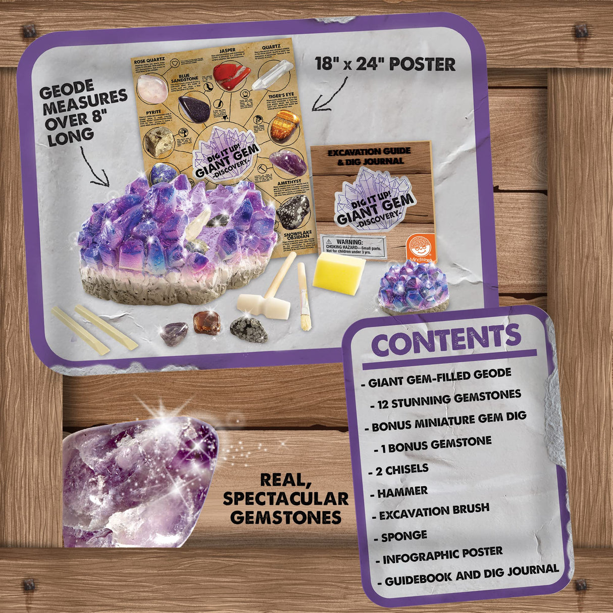 MindWare Dig It Up Giant Gem Discovery Kit - Gemstone Dig Kit Offers Geology for Kids with 12 Real Polished Hidden Gemstones - Includes 1 Giant Gem, Chiseling Tools, Gemstone Poster - Ages 4+ MindWare