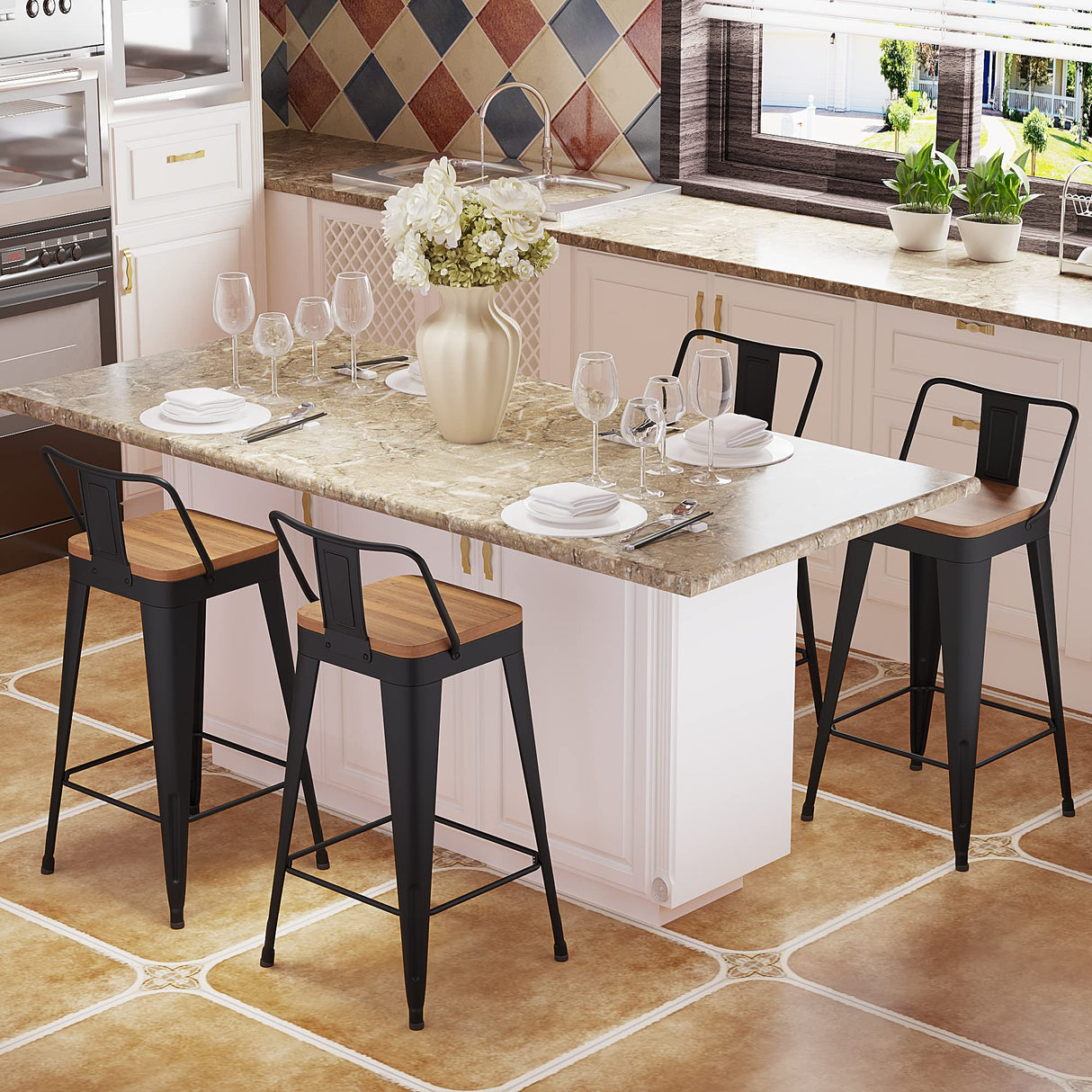 POINTANT Bar Stools Set of 4 Metal Bar Stool Counter Height Bar Stools 26" Black Modern Bar Chairs with Back and Wooden Seat Bar Stool Counter Height POINTANT