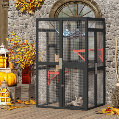 COZIWOW Upgraded Catio Outdoor Cat Enclosure Window Access, Wooden Catio for Cats Outdoor Patio Garden(Black)