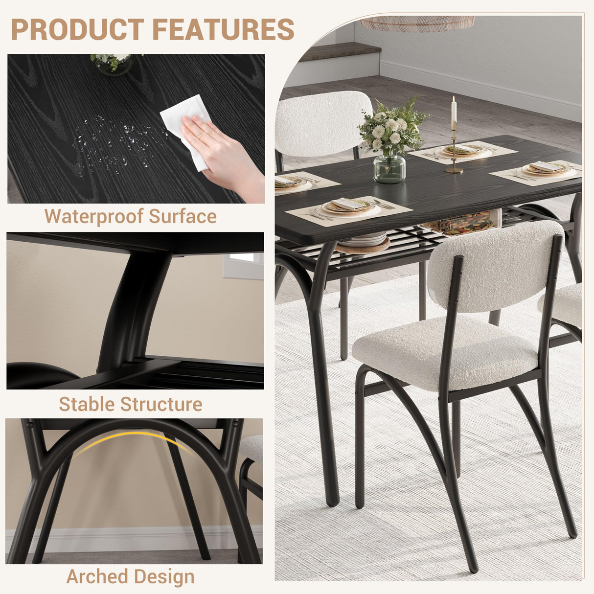 GarveeHome 5-Piece Dining Table Set for 4, Modern Kitchen Table with 4 Boucle Chairs, Rectangular Dining Table with Storage Shelf & Marble Tabletop, Beige Home Dining Furniture for Small Space GarveeHome