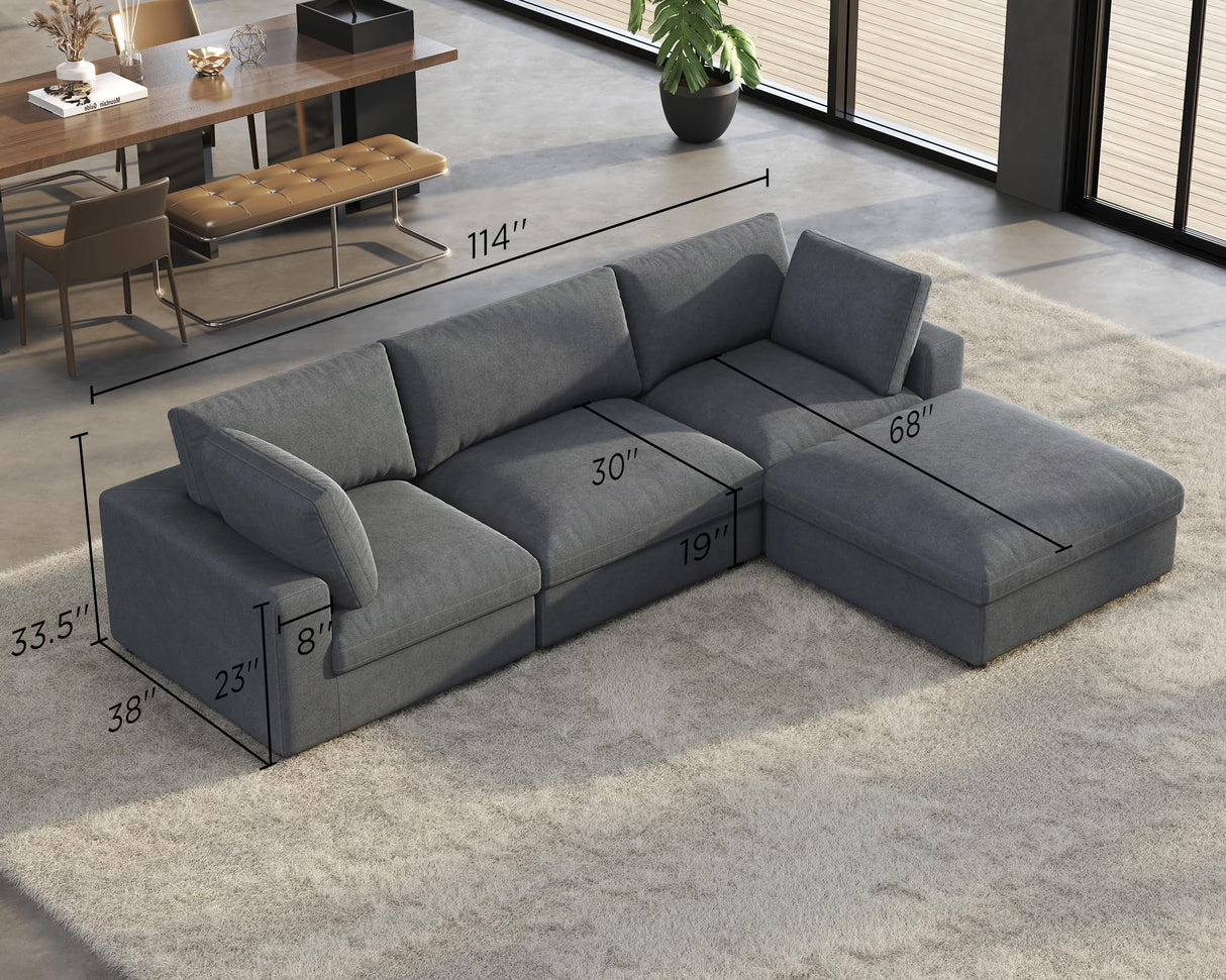 PaPaJet Modular Sectional Sofa, 114 Inches Oversized Down Filled Sectional Sofa, 4 Seats L Shaped Cloud Couch with Chaise, Ottoman, Comfy Sofa for Living Room, Grey Linen Couch Set PaPaJet