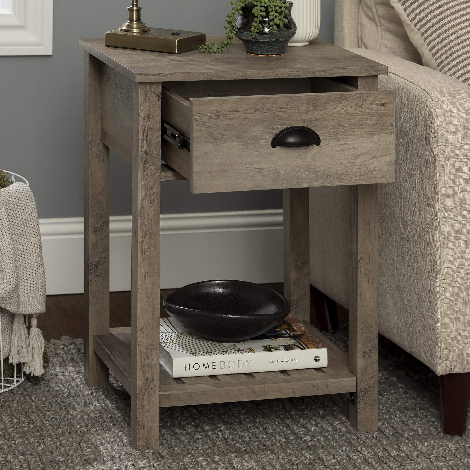 Walker Edison Farmhouse Square Side Accent Table Set-Living-Room Storage End Table with Storage Door Nightstand Bedroom, 18 Inch, Grey Wash - WoodArtSupply