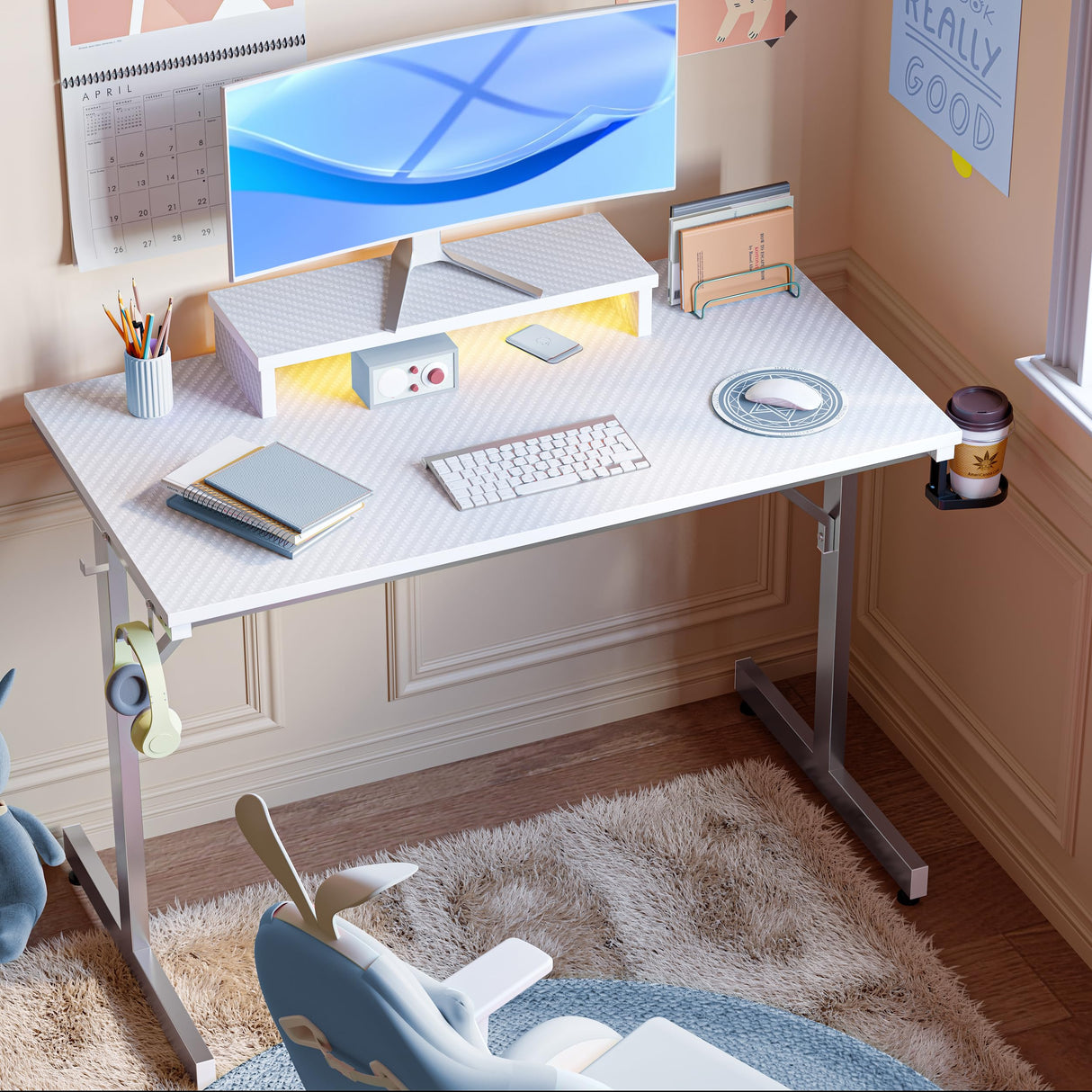 Bestier Small Gaming Desk with Monitor Stand, 42 inch LED Computer Desk, Gamer Workstation with Cup Holder & Headset Hooks, Modern Simple Style Desk for Home Office, Carbon Fiber White Bestier